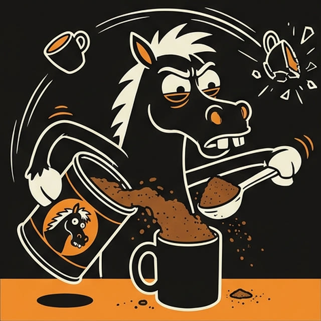 Der Gaul schmeißt die Espressotasse weg, reißt die HKC-Dose auf und haut sich eine riesige Ladung in den Becher.